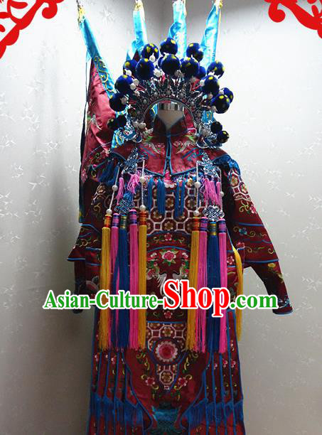 Chinese Traditional Beijing Opera Female General Wine Red Embroidered Clothing Peking Opera Mu Guiying Costume for Adults