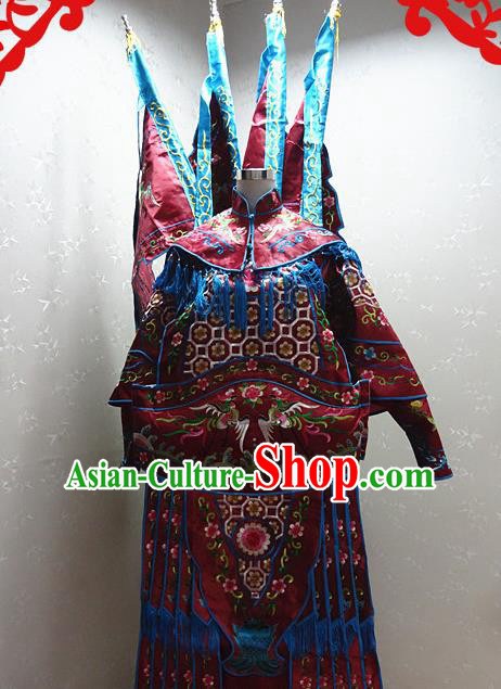 Chinese Traditional Beijing Opera Female General Wine Red Embroidered Clothing Peking Opera Mu Guiying Costume for Adults