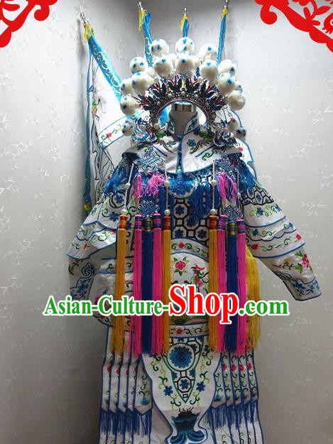Chinese Traditional Beijing Opera Female General White Embroidered Clothing Peking Opera Mu Guiying Costume for Adults