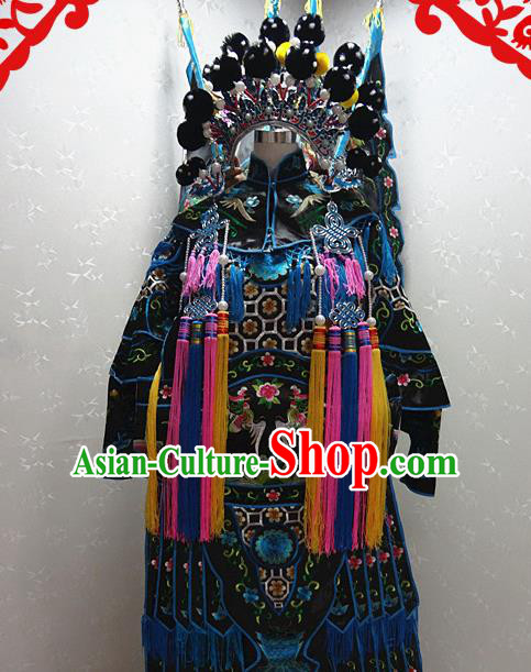 Chinese Traditional Beijing Opera Female General Black Embroidered Clothing Peking Opera Mu Guiying Costume for Adults