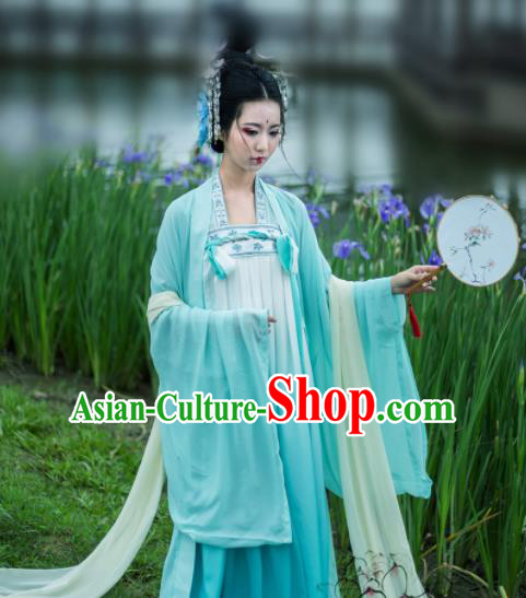 Chinese Ancient Goddess Peri Green Hanfu Dress Traditional Tang Dynasty Imperial Concubine Historical Costume for Women