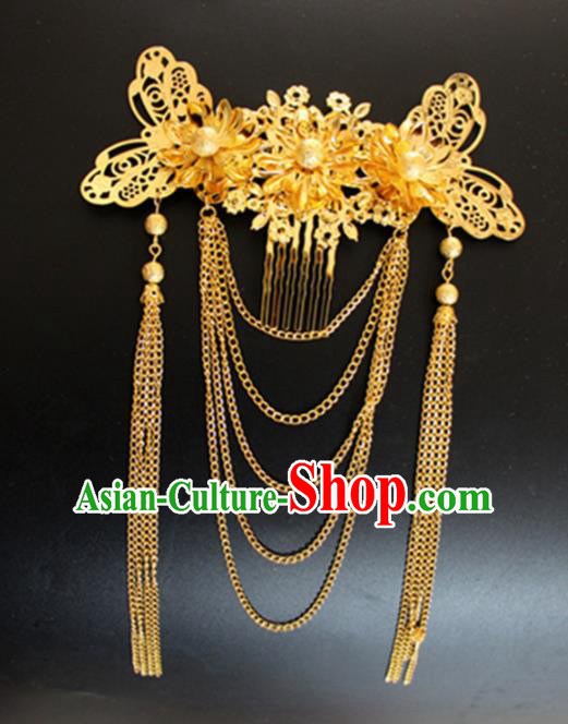 Chinese Traditional Wedding Hair Accessories Ancient Princess Golden Butterfly Tassel Hair Comb for Women