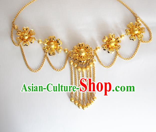 Chinese Traditional Wedding Hair Accessories Ancient Princess Golden Flowers Eyebrows Pendant Frontlet for Women