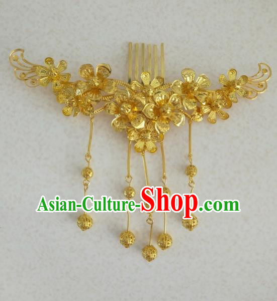 Chinese Traditional Wedding Hair Accessories Golden Flowers Hair Comb Ancient Princess Hairpins for Women