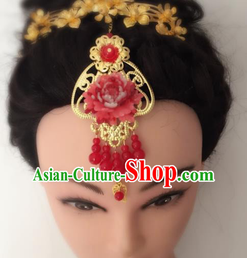 Chinese Traditional Hair Accessories Wedding Red Peony Tassel Eyebrows Pendant Ancient Princess Hairpins for Women