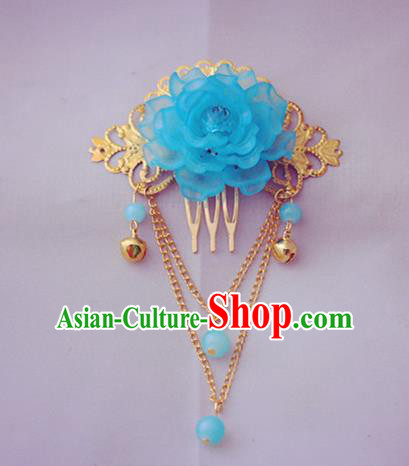 Chinese Traditional Hair Accessories Wedding Blue Peony Tassel Hair Comb for Women