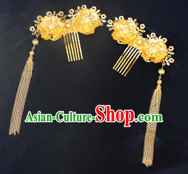 Chinese Traditional Hair Accessories Wedding Golden Tassel Hair Comb for Women