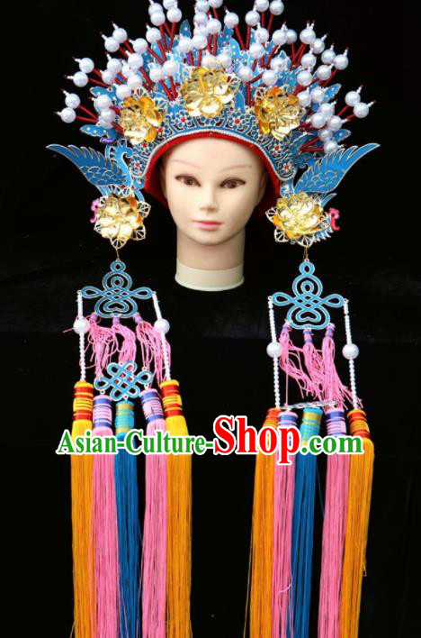 Chinese Traditional Beijing Opera Queen Hair Accessories Ancient Imperial Consort Blue Phoenix Coronet