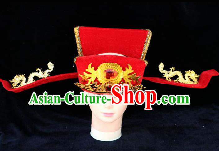 Chinese Traditional Beijing Opera Royal Highness Headwear Peking Opera Chancellor Red Hat