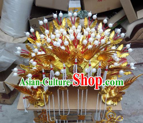 Chinese Traditional Beijing Opera Queen Hair Accessories Ancient Bride Golden Phoenix Coronet