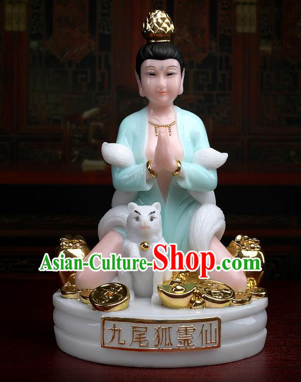 Chinese Traditional Religious Supplies Feng Shui Green Gumiho Goddess Statue Taoism Decoration