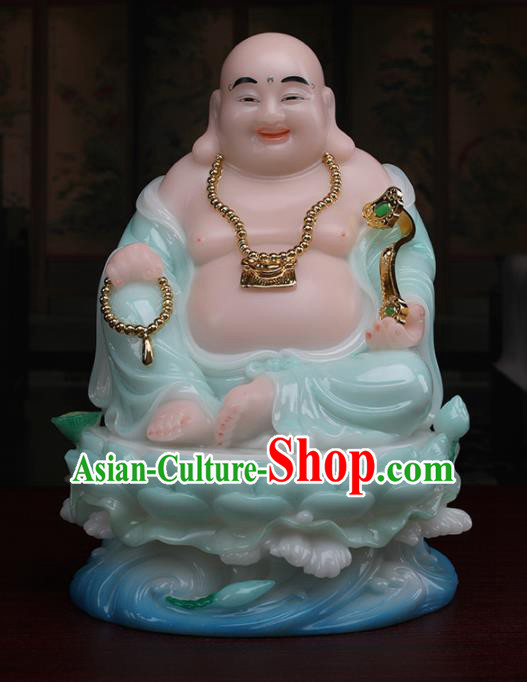 Chinese Traditional Religious Supplies Feng Shui Maitreya Green Cloth Statue Buddhism Decoration