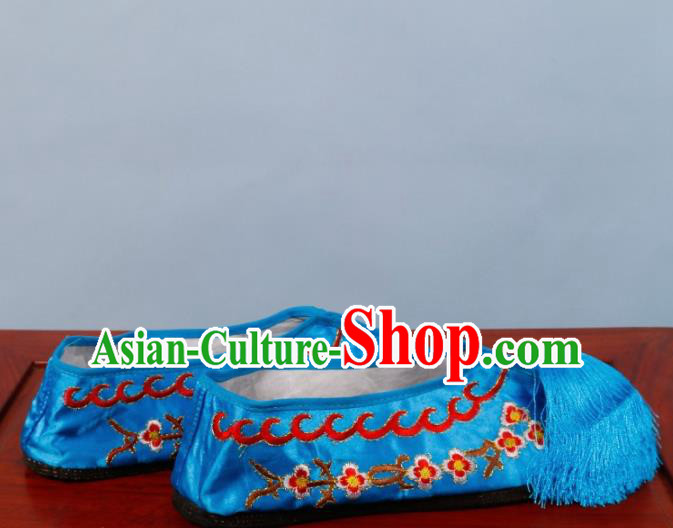 Chinese Traditional Beijing Opera Shoes Peking Opera Diva Blue Satin Embroidered Shoes