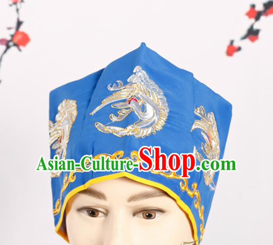 Chinese Traditional Beijing Opera Old Men Headwear Peking Opera Landlord Embroidered Crane Blue Hat