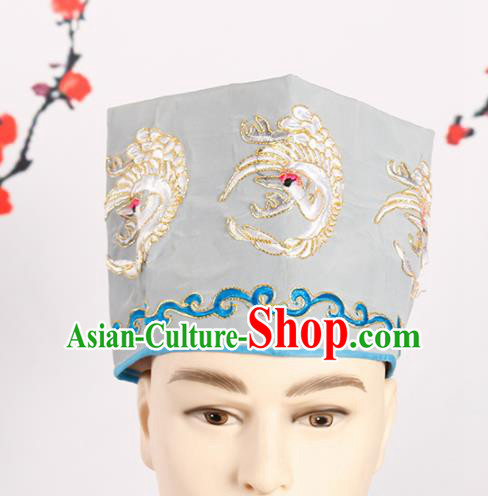 Chinese Traditional Beijing Opera Old Men Headwear Peking Opera Landlord Embroidered Crane Grey Hat