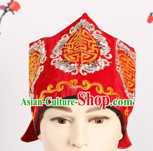 Chinese Traditional Beijing Opera Old Men Headwear Peking Opera Landlord Red Embroidered Hat