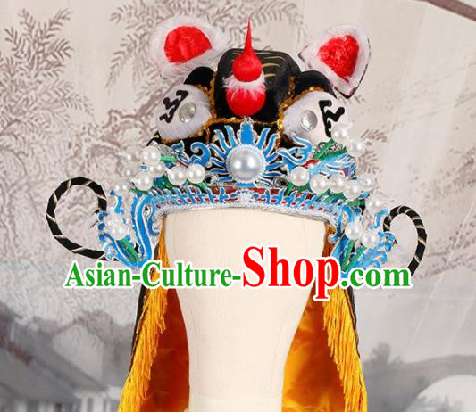 Chinese Traditional Beijing Opera Takefu Headwear Ancient Warrior Black Tiger Head Hat