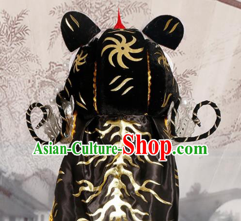 Chinese Traditional Beijing Opera Takefu Headwear Ancient Warrior Black Tiger Head Hat