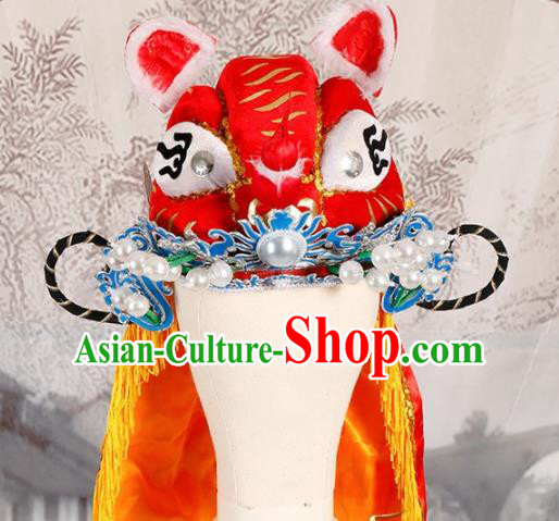 Chinese Traditional Beijing Opera Takefu Headwear Ancient Warrior Red Tiger Head Hat