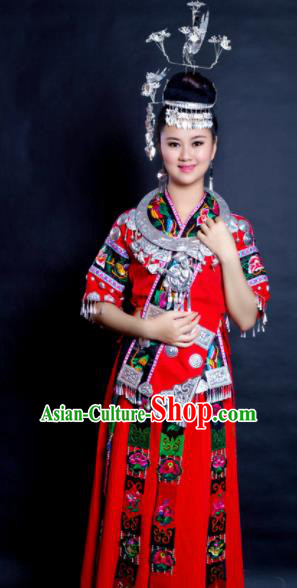 Chinese Traditional Miao Nationality Wedding Costume Hmong Ethnic Folk Dance Red Dress for Women