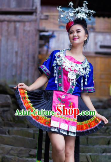 Chinese Traditional Miao Nationality Costume Hmong Ethnic Blue Pleated Skirt for Women