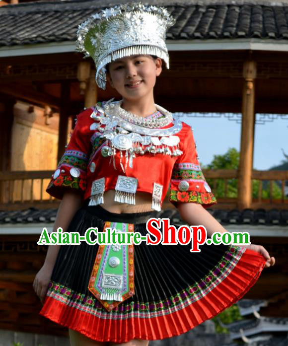 Chinese Traditional Miao Nationality Costume Hmong Ethnic Red Pleated Skirt for Women