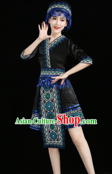 Chinese Traditional Zhuang Nationality Costume Ethnic Folk Dance Black Pleated Skirt for Women