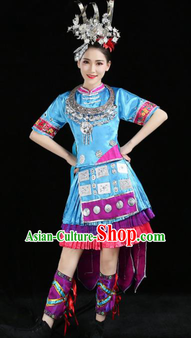 Chinese Traditional Yi Nationality Costume Ethnic Folk Dance Blue Pleated Skirt for Women