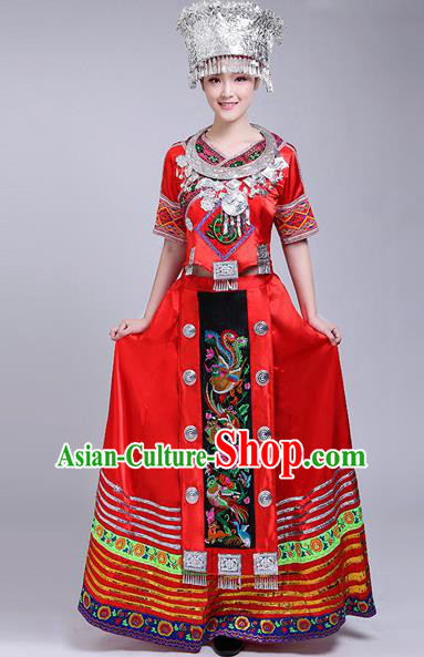 Chinese Traditional Miao Nationality Female Costume Ethnic Folk Dance Red Dress for Women