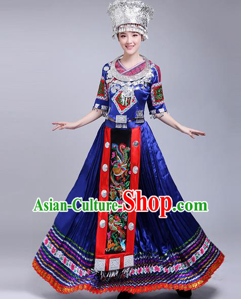 Chinese Traditional Miao Nationality Female Costume Ethnic Folk Dance Royalblue Dress for Women