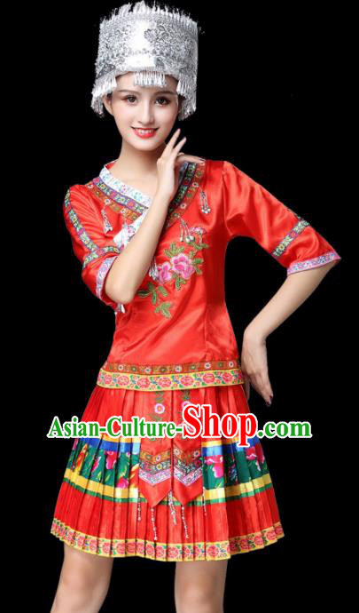 Chinese Traditional Miao Nationality Female Red Costume Ethnic Folk Dance Pleated Skirt for Women