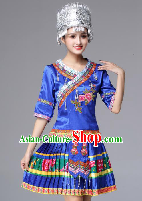 Chinese Traditional Miao Nationality Female Royalblue Costume Ethnic Folk Dance Pleated Skirt for Women