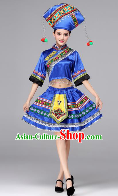 Chinese Traditional Zhuang Nationality Female Costume Ethnic Folk Dance Bride Blue Short Pleated Skirt for Women