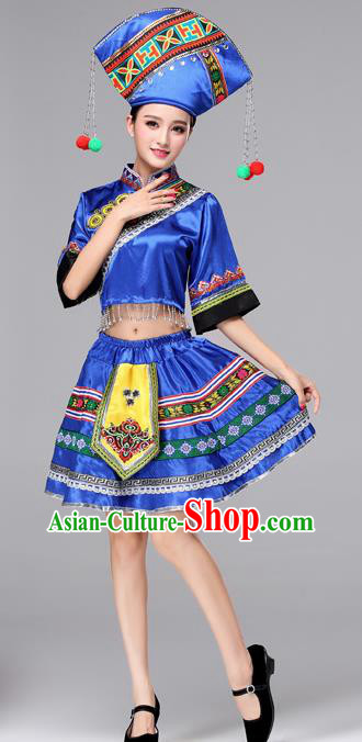 Chinese Traditional Zhuang Nationality Female Costume Ethnic Folk Dance Bride Blue Short Pleated Skirt for Women
