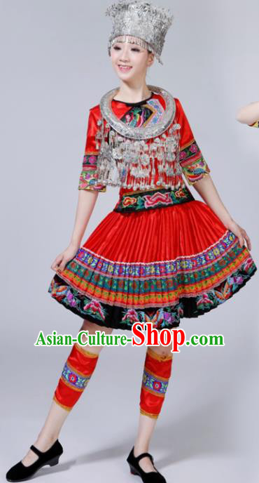 Chinese Traditional Miao Nationality Female Costume Ethnic Folk Dance Bride Red Short Pleated Skirt for Women