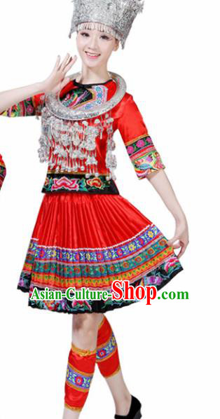 Chinese Traditional Miao Nationality Female Costume Ethnic Folk Dance Bride Red Short Pleated Skirt for Women