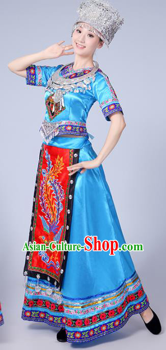 Chinese Traditional Miao Nationality Costume Hmong Female Ethnic Folk Dance Blue Long Dress for Women