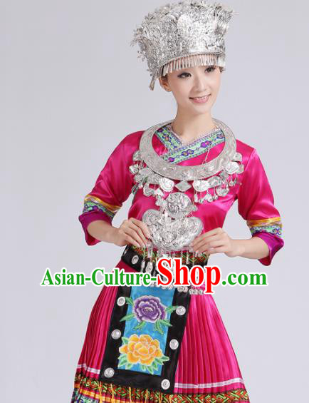 Chinese Traditional Miao Nationality Costume Hmong Female Ethnic Folk Dance Rosy Pleated Skirt for Women