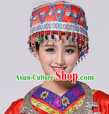 Chinese Traditional Miao Nationality Hair Accessories Hmong Bride Red Hat for Women