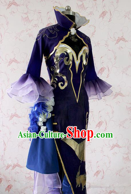 Chinese Ancient Swordswoman Peri Costume Traditional Cosplay Princess Purple Dress for Women