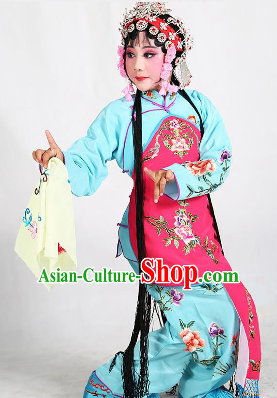 Traditional Chinese Beijing Opera Children Blue Costume Peking Opera Maidservants Rosy Vest Clothing for Kids