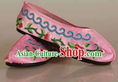 Asian Chinese Beijing Opera Shoes Embroidered Shoes Traditional Peking Opera Diva Pink Satin Shoes