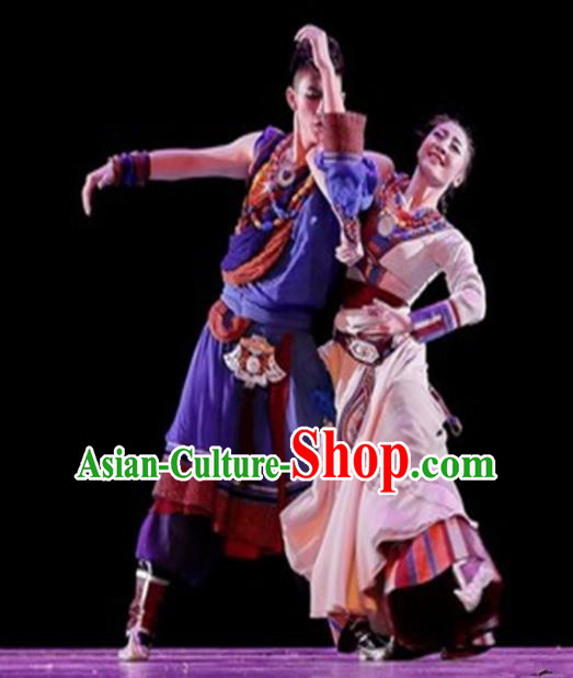 Traditional Chinese Classical Dance Costume China Tibetan Ethnic Couple Dance Clothing Complete Set