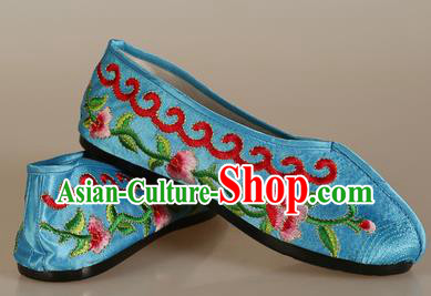 Asian Chinese Beijing Opera Shoes Embroidered Shoes Traditional Peking Opera Diva Blue Satin Shoes