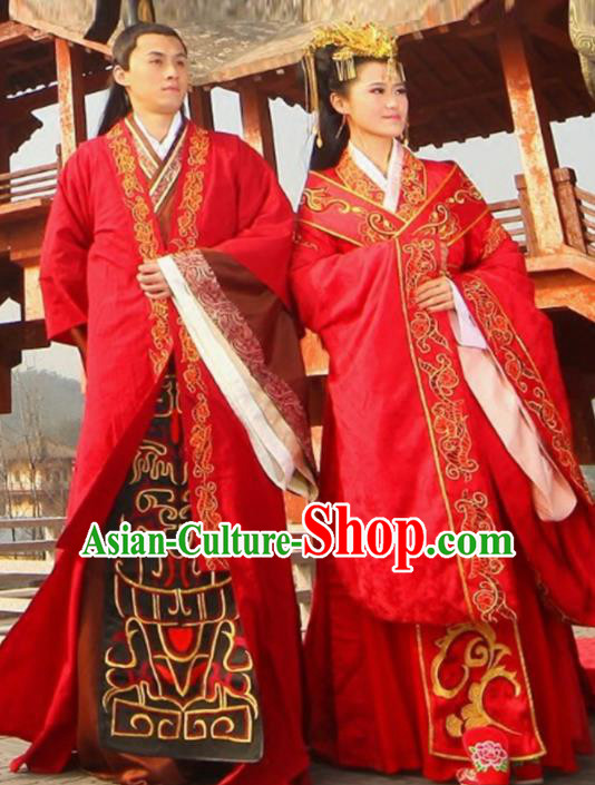 Traditional Chinese Han Dynasty Red Hanfu Dress Ancient Bride and Bridegroom Wedding Historical Costume Complete Set