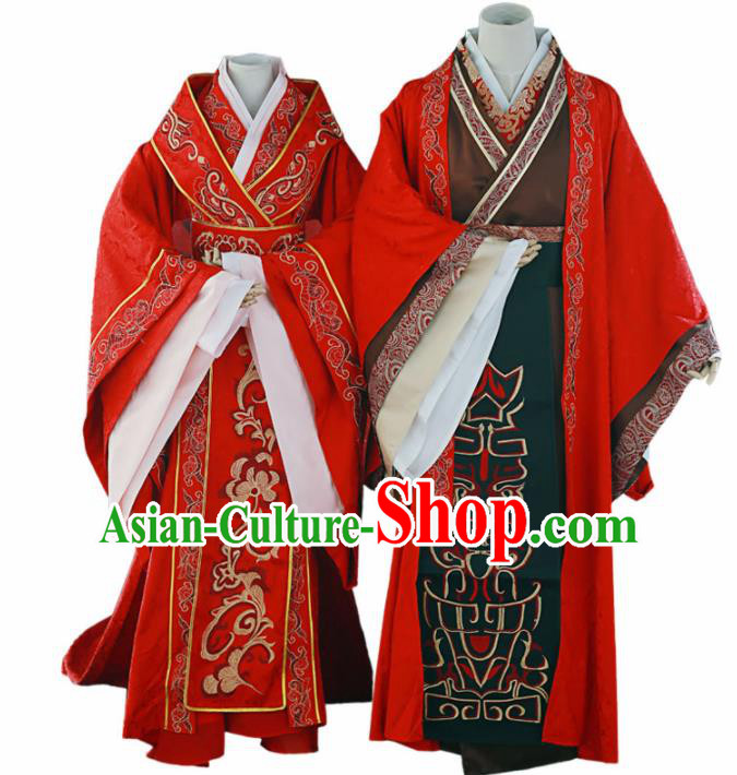 Traditional Chinese Han Dynasty Red Hanfu Dress Ancient Bride and Bridegroom Wedding Historical Costume Complete Set