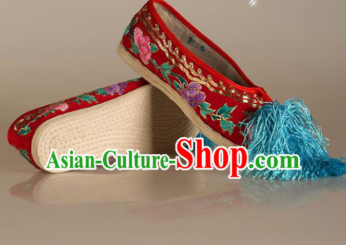 Asian Chinese Beijing Opera Shoes Red Cloth Embroidered Shoes Traditional Peking Opera Diva Shoes