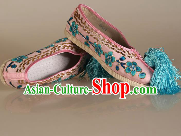 Asian Chinese Beijing Opera Shoes Pink Cloth Embroidered Shoes Traditional Peking Opera Diva Shoes