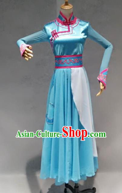 Traditional Chinese Mongol Nationality Costume Mongolion Female Folk Dance Ethnic Blue Dress for Women