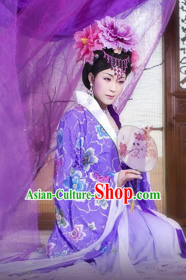 Traditional Chinese Tang Dynasty Imperial Consort Purple Embroidered Dress Ancient Imperial Concubine Historical Costume